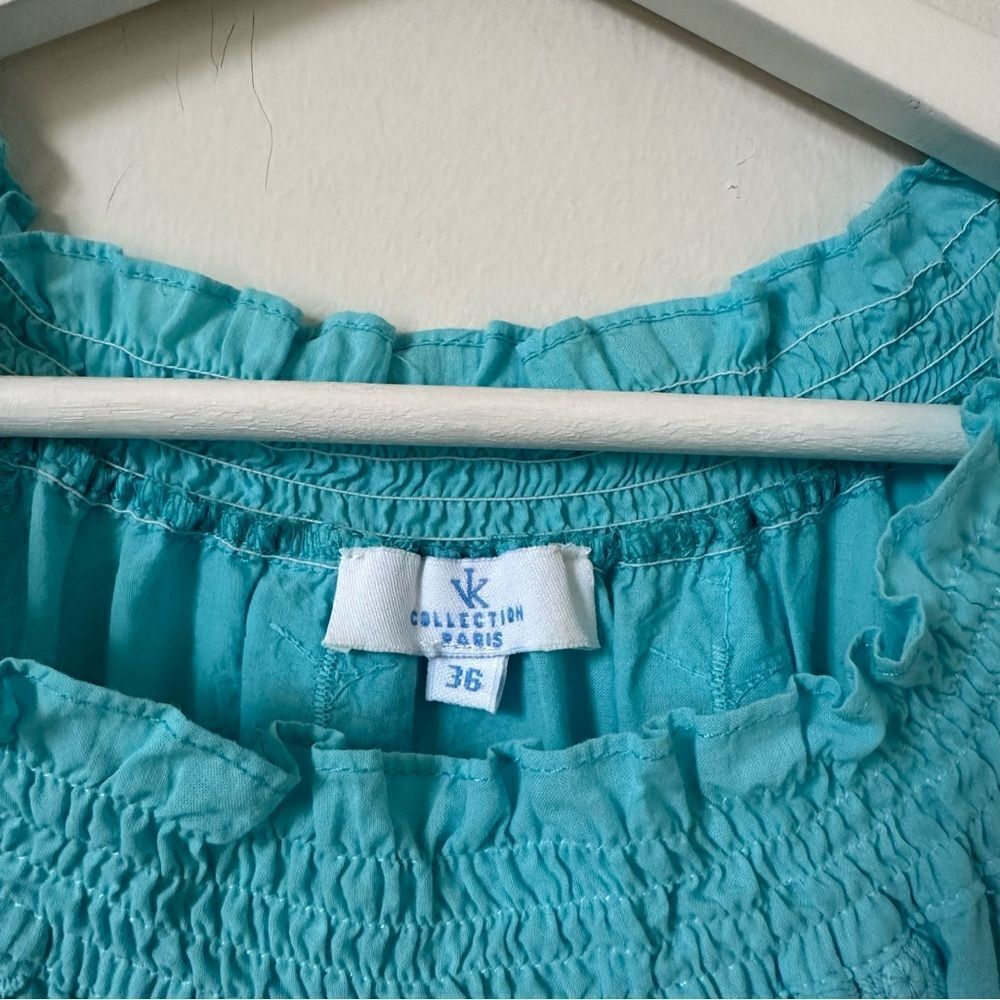 Valerie Khalfon Embroidered Top Turquoise Short Sleeve Floral Size 36 - Picture 3 of 8